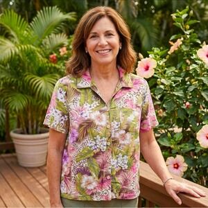 Erika Woman Tropical Floral Leopard Print Button Up Shirt Pink Green Plus 1X